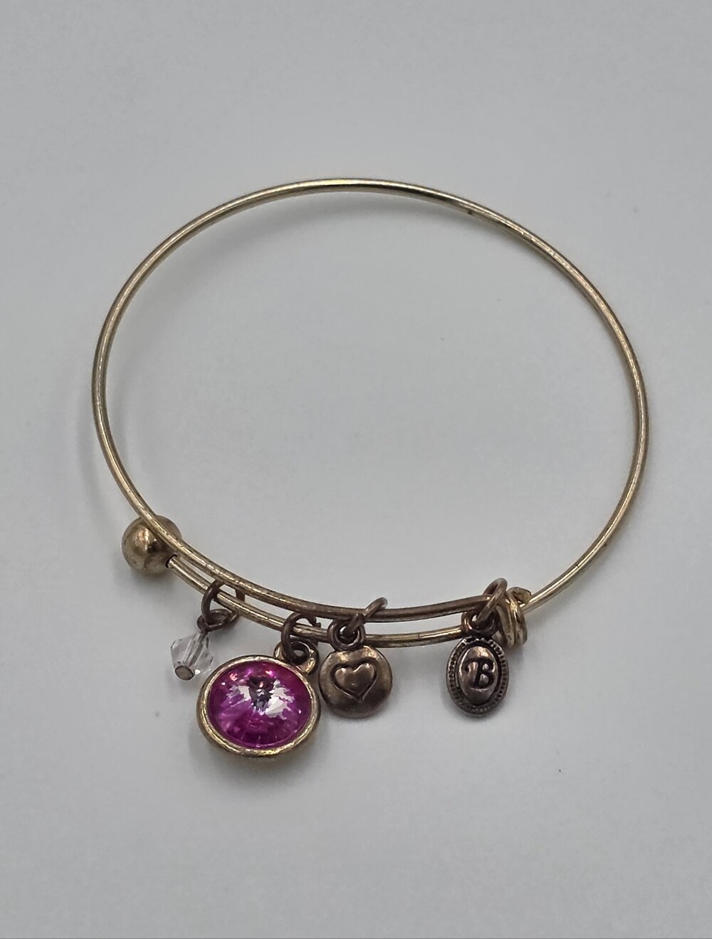 Brighton Brass Expandable Bangle Bracelet Pink Crystal Heart Initial B Charm